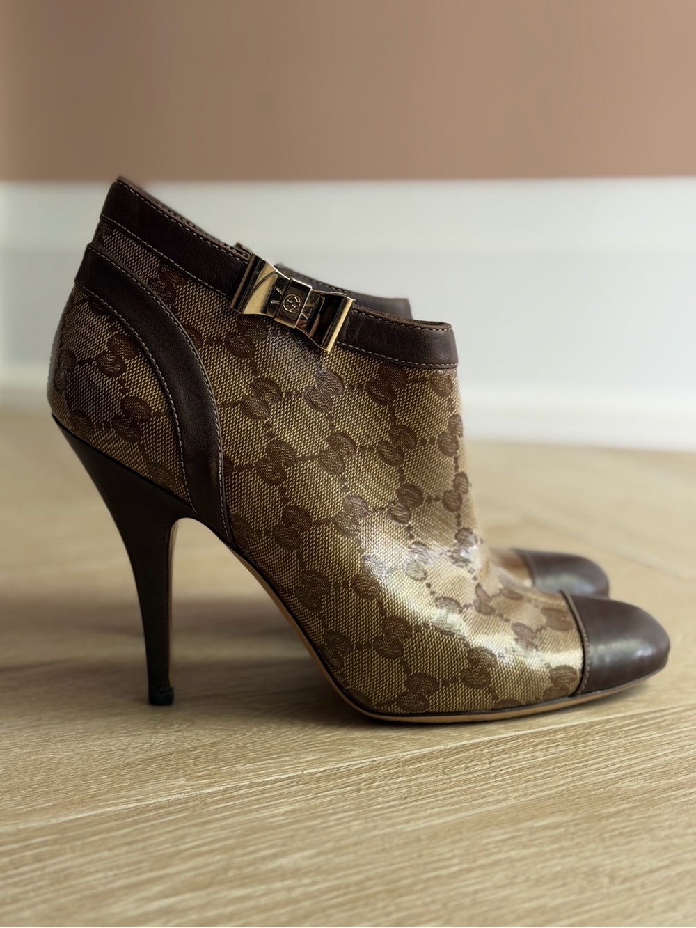Gucci GG Monogram Canvas Ankle Booties Brown Leather Stiletto Heels